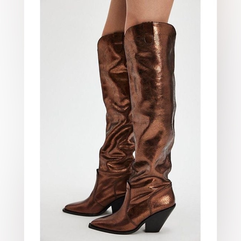 FREE PEOPLE Leather Triple Crown OTK Boots - Bronze